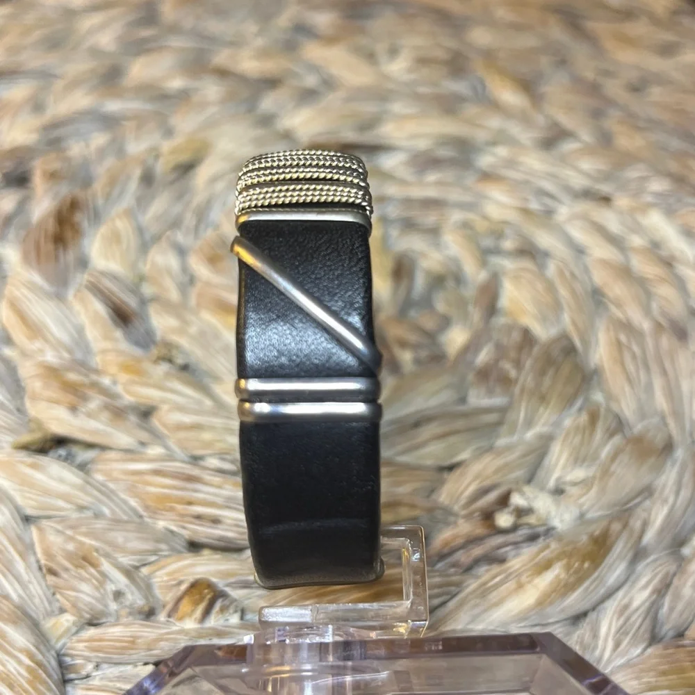 Silver Tone and Black Leather Bracelet‎